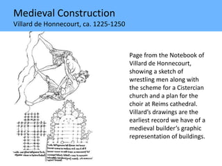 Medieval Construction
Villard de Honnecourt, ca. 1225-1250
Page from the Notebook of
Villard de Honnecourt,
showing a sketch of
wrestling men along with
the scheme for a Cistercian
church and a plan for the
choir at Reims cathedral.
Villard’s drawings are the
earliest record we have of a
medieval builder’s graphic
representation of buildings.
 