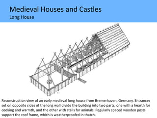 Medieval Houses and Castles
Long House
Reconstruction view of an early medieval long house from Bremerhaven, Germany. Entrances
set on opposite sides of the long wall divide the building into two parts, one with a hearth for
cooking and warmth, and the other with stalls for animals. Regularly spaced wooden posts
support the roof frame, which is weatherproofed in thatch.
 
