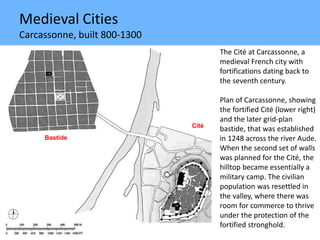 Medieval Cities
Carcassonne, built 800-1300
The Cité at Carcassonne, a
medieval French city with
fortifications dating back to
the seventh century.
Plan of Carcassonne, showing
the fortified Cité (lower right)
and the later grid-plan
bastide, that was established
in 1248 across the river Aude.
When the second set of walls
was planned for the Cité, the
hilltop became essentially a
military camp. The civilian
population was resettled in
the valley, where there was
room for commerce to thrive
under the protection of the
fortified stronghold.
Bastide
Cité
 