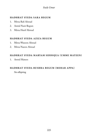 Fazle Umar
225
Hadhrat Syeda Sara Begum
1.	 Mirza Rafi Ahmad
2.	 Amtul Nasir Begum
3.	 Mirza Hanif Ahmad
Hadhrat Syeda Aziza Begum
1.	 Mirza Waseem Ahmad
2.	 Mirza Naeem Ahmad
Hadhrat Syeda Maryam Siddiqua (Umme Mateen)
1.	 Amtul Mateen
Hadhrat Syeda Bushra Begum (Mehar Appa)
No offspring
 