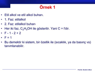 Örnek 1
•   Etil alkol ve etil alkol buharı.
•   1. Faz: etilalkol
•   2. Faz: etilalkol buharı
•   Her iki faz, C2H5OH ile gösterilir. Yani C = l'dir.
•   F-1-2+2
•   F=1
•   Bu demektir ki sistem, bir özellik ile (sıcaklık, ya da basınç vs)
    tanımlanabilir.




                                                           Prof.Dr. İbrahim USLU
 