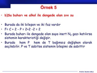 Örnek 5
• b)Su buharı ve alkol ile dengede olan sıvı su

• Burada da iki bileşen ve iki faz vardır
• F= C + 2 - P = 2+2 -2 = 2
• Burada buharı ile dengede olan suya inert N2 gazı katılırsa
  sistemin karakteristiği değişir.
• Burada hem P hem de T bağımsız değişken olarak
  seçilebilir. P ve T sabitse sistemin bileşimi de sabittir




                                                    Prof.Dr. İbrahim USLU
 