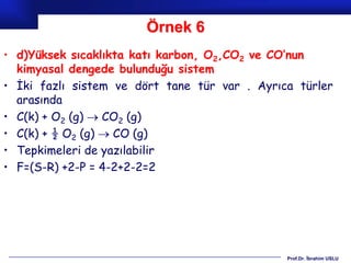 Örnek 6
• d)Yüksek sıcaklıkta katı karbon, O2,CO2 ve CO’nun
  kimyasal dengede bulunduğu sistem
• İki fazlı sistem ve dört tane tür var . Ayrıca türler
  arasında
• C(k) + O2 (g)  CO2 (g)
• C(k) + ½ O2 (g)  CO (g)
• Tepkimeleri de yazılabilir
• F=(S-R) +2-P = 4-2+2-2=2




                                               Prof.Dr. İbrahim USLU
 