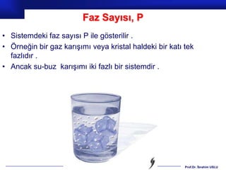 Faz Sayısı, P
• Sistemdeki faz sayısı P ile gösterilir .
• Örneğin bir gaz karışımı veya kristal haldeki bir katı tek
  fazlıdır .
• Ancak su-buz karışımı iki fazlı bir sistemdir .




                                                         Prof.Dr. İbrahim USLU
 