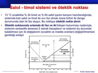 Salol - timol sistemi ve ötektik noktası
• 13 °C sıcaklıkta % 34 timol ve % 64 salol içeren karışım hazırlandığında,
  sistemde katı salol ve timol ile sıvı faz olmak üzere birbiri ile denge
  durumunda olan iki faz oluşur. Bu noktaya ötektik nokta denir.
• Ötektik noktasında ortamda iki faz ve iki bileşen bulunması nedeniyle,
  sistemin serbestlik derecesi 2 olarak hesaplanır ve sistemin bu durumda
  kalabilmesi için iki değişkenin (sıcaklık ve madde oranları) değiştirilmemesi
  gerektiği anlaşılır.




                                                                  Prof.Dr. İbrahim USLU
 