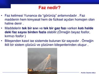 Faz nedir?
• Faz kelimesi Yunanca da “görünüş” anlamındadır . Faz
  maddenin hem kimyasal hem de fiziksel açıdan homojen olan
  haline denir .
• Maddelerin tek bir sıvı ve tek bir gaz fazı varken katı halde
  deki faz sayısı birden fazla olabilir.(Örneğin beyaz fosfor,
  kırmızı fosfor )
• Bileşenden kasıt ise sistemde bulunan tür sayısıdır . Örneğin
  ikili bir sistem çözücü ve çözünen bileşenlerinden oluşur .




                                                     Prof.Dr. İbrahim USLU
 