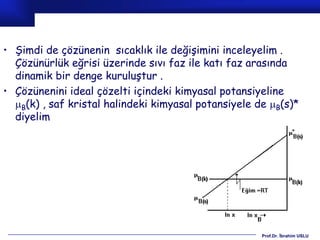 • Şimdi de çözünenin sıcaklık ile değişimini inceleyelim .
  Çözünürlük eğrisi üzerinde sıvı faz ile katı faz arasında
  dinamik bir denge kuruluştur .
• Çözünenini ideal çözelti içindeki kimyasal potansiyeline
  B(k) , saf kristal halindeki kimyasal potansiyele de B(s)*
  diyelim




                                                      Prof.Dr. İbrahim USLU
 