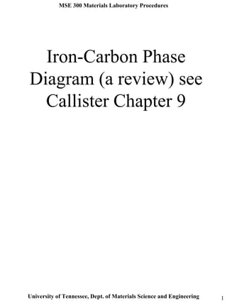 MSE 300 Materials Laboratory Procedures 
Iron-Carbon Phase 
Diagram (a review) see 
Callister Chapter 9 
University of Tennessee, Dept. of Materials Science and Engineering 1 
 