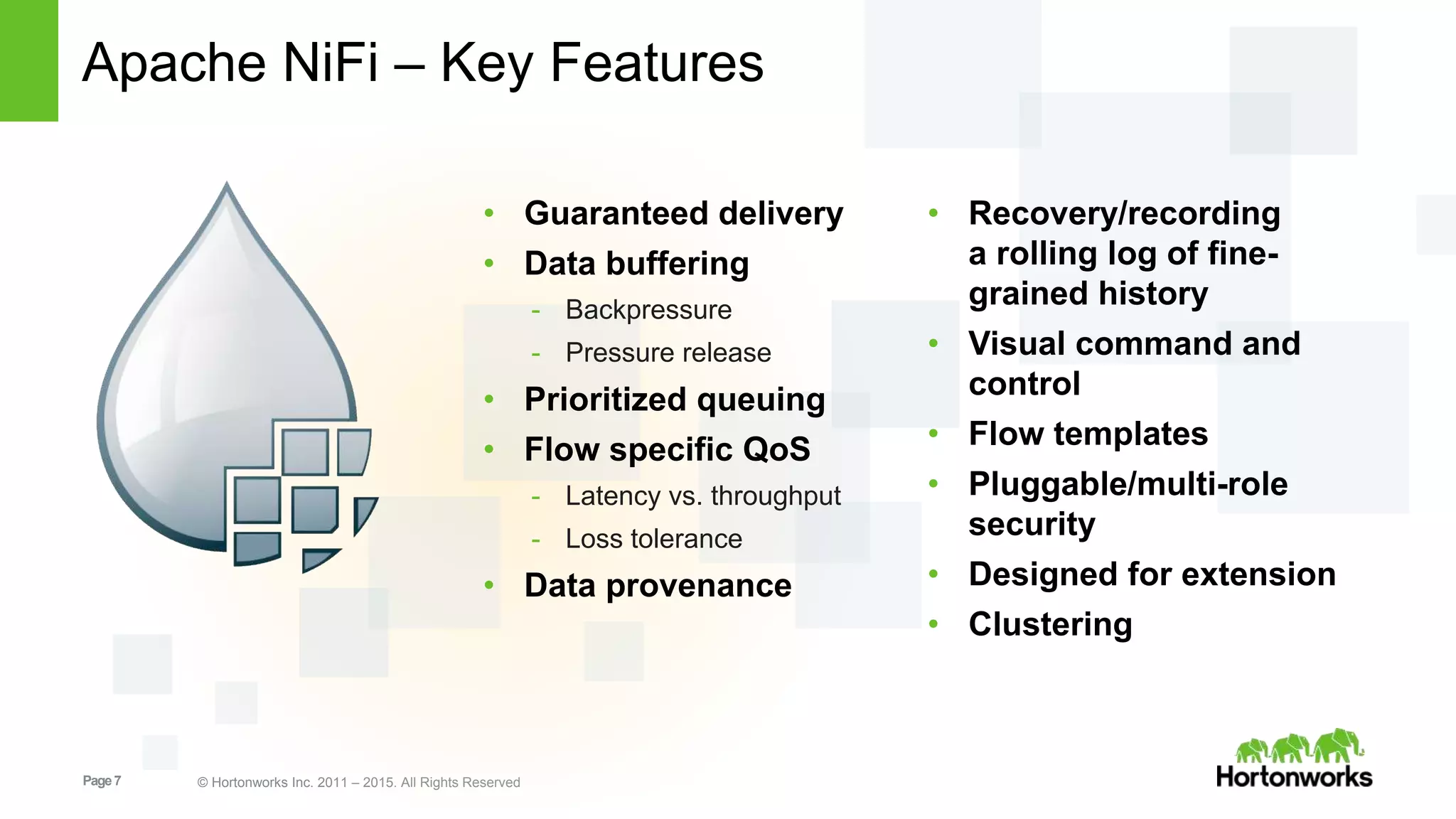 Page7 © Hortonworks Inc. 2011 – 2015. All Rights Reserved
Apache NiFi – Key Features
• Guaranteed delivery
• Data buffering
- Backpressure
- Pressure release
• Prioritized queuing
• Flow specific QoS
- Latency vs. throughput
- Loss tolerance
• Data provenance
• Recovery/recording
a rolling log of fine-
grained history
• Visual command and
control
• Flow templates
• Pluggable/multi-role
security
• Designed for extension
• Clustering
 