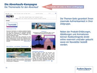 Die Abverkaufs-Kampagne  Die Themenseite für den Abverkauf  Die Themen-Seite garantiert Ihnen maximale Aufmerksamkeit in Ihrer Zielgruppe. Neben der Produkt-Erklärungen, Abbildungen und Animationen können Restkontingente direkt online reserviert und/oder gebucht sowie ein Newsletter bestellt werden. Willkommen im Club Renovierte Club-Resorts, ein ständig erweitertes Angebot und noch mehr Service, um Ihren Aufenthalt individuell und abseits des Gewöhnlichen zu gestalten. Club Med entwickelt den Urlaub mit Finesse, Großzügigkeit, à la Carte und Multikultur ständig. Genießen Sie Ihren Urlaub ganz unbeschwert mit dem Alles-Inklusive-Konzept à la Club Med: Vollpension, Bar & Snacks, Unterbringung, Transport sowie bestimmte Sport-aktivitäten und Kinderbetreuung. Voller Genuss, ohne zu rechnen!    MEHR INFOS   Mehr erfahren  |  zum Katalog  |  Rückrufwunsch Anzeige Da jeder eigene Vorstellungen von Urlaub, Entspannung und Sportarten hat, stehen in den Club-Resorts unterschiedliche Schwerpunkte im Mittelpunkt.  MEHR INFOS   Entdecken Club-Resorts im Stil der Landeskultur laden in einem multikulturellen Ambiente zum Entdecken ein. Video ansehen BESONDERE ANGEBOTE Sie reisen allein? Zu Zweit? Mit Freunden? Und planen langfristig? Dann nutzen Sie unsere maßgeschneiderten Preisvorteile. Oder aber sie planen kurzfristig? So nutzen Sie unser Angebot Freitag - made in Club Med, das immer Freitags neu erscheint. Sie möchten regelmäßig Informationen zu Club Med und unseren Angeboten erhalten? Dann registrieren Sie sich für unseren  Newsletter. Ihre Inhalte mit Links zu Ihren Landingpages Traumziele 