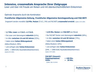 Optimale Ansprache durch die Kombination  Frankfurter Allgemeine Zeitung ,  Frankfurter Allgemeine Sonntagszeitung und FAZ.NET! Insgesamt werden monatlich  3,6 Mio. Nutzer  (F.A.Z., FAS und FAZ.NET)  crossmedial erreicht .  (Quelle: ACTA 2009) Intensive, crossmediale Ansprache Ihrer Zielgruppe Leser und User mit Freude am Reisen und mit überdurchschnittlichem Einkommen 2,35 Mio. Nutzer  von  FAZ.NET  pro Monat  Die FAZ.NET Nutzer sind überwiegend  männlich  (68%), im Alter  zwischen 14 und 49 Jahren  (74%),  haben einen  hohen Bildungsstand   (Abitur/Studium; 63%) und verfügen über  hohes Einkommen (54%  > 3000 EUR) Haushaltsnettoeinkommen) (Quelle: ACTA 2009) FAZ.NET (Gesamt): PageImpressions: ~ 100 Mio. Visits: ~  20 Mio. (Quelle: IVW; 01/2010) 1,7 Mio. Leser  von  F.A.Z.  und  F.A.S. Die Leser sind überwiegend  männlich  (61%), im Alter  zwischen 14 und 49 Jahren  (53%), haben einen  hohen Bildungsstand  (Abitur/Studium; 58%) und verfügen über  hohes Einkommen (56%  > 3000 EUR) Haushaltsnettoeinkommen) (Quelle ACTA 2009) 