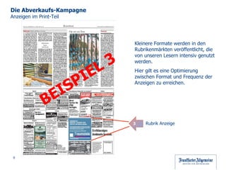 Die Abverkaufs-Kampagne  Anzeigen im Print-Teil Kleinere Formate werden in den Rubrikenmärkten veröffentlicht, die von unseren Lesern intensiv genutzt werden. Hier gilt es eine Optimierung zwischen Format und Frequenz der Anzeigen zu erreichen. BEISPIEL Rubrik Anzeige BEISPIEL 3 3 Traumziele 
