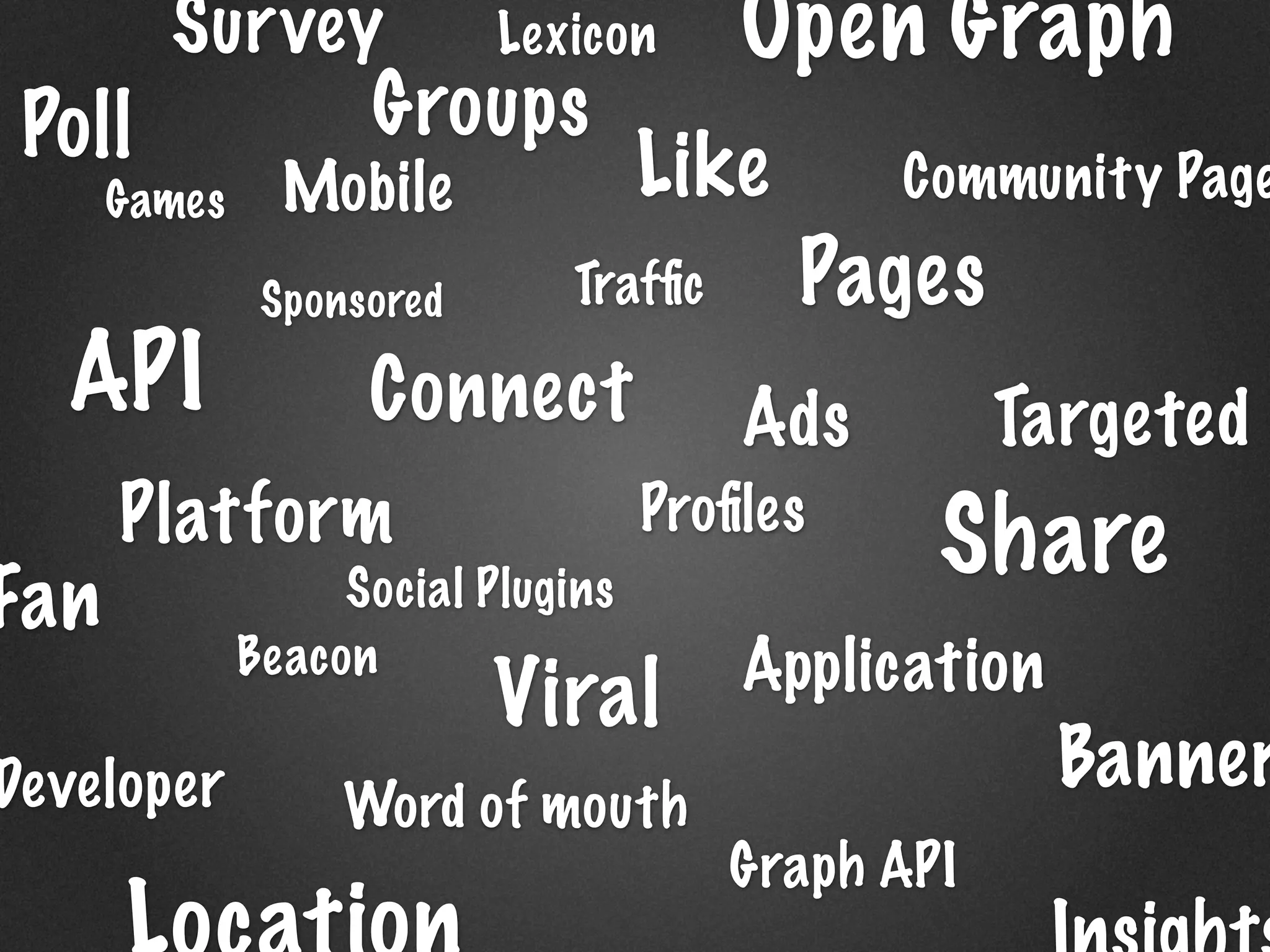 Survey             Lexicon      Open Graph
 Poll               Groups
      Games     Mobile              Like      Community Page

               Sponsored       Trafﬁc      Pages
  API               Connect             Ads         Targeted
      Platform                      Proﬁles
                                                Share
Fan                Social Plugins
              Beacon                    Application
                           Viral
Developer                                             Banner
                   Word of mouth
                                        Graph API
 