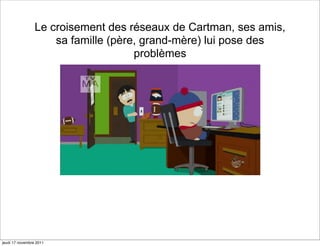 Le croisement des réseaux de Cartman, ses amis,
                     sa famille (père, grand-mère) lui pose des
                                     problèmes




jeudi 17 novembre 2011
 
