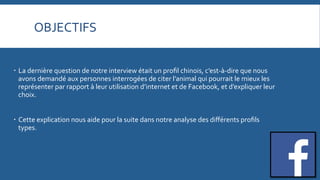 OBJECTIFS	
  
   La	
  dernière	
  question	
  de	
  notre	
  interview	
  était	
  un	
  proﬁl	
  chinois,	
  c’est-­‐à-­‐dire	
  que	
  nous	
  
avons	
  demandé	
  aux	
  personnes	
  interrogées	
  de	
  citer	
  l’animal	
  qui	
  pourrait	
  le	
  mieux	
  les	
  
représenter	
  par	
  rapport	
  à	
  leur	
  utilisation	
  d’internet	
  et	
  de	
  Facebook,	
  et	
  d’expliquer	
  leur	
  
choix.	
  
	
  
   Cette	
  explication	
  nous	
  aide	
  pour	
  la	
  suite	
  dans	
  notre	
  analyse	
  des	
  diﬀérents	
  proﬁls	
  
types.	
  
	
  

 