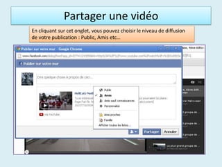 Partager une vidéo
En cliquant sur cet onglet, vous pouvez choisir le niveau de diffusion
de votre publication : Public, Amis etc…
 