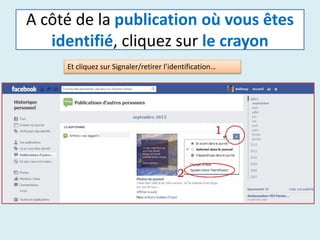 A côté de la publication où vous êtes
identifié, cliquez sur le crayon
Et cliquez sur Signaler/retirer l’identification…
 