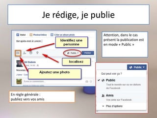 Je rédige, je publie
Attention, dans le cas
présent la publication est
en mode « Public »
En règle générale :
publiez vers vos amis
 