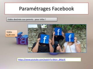 Paramétrages Facebook
Vidéo destinée aux parents : pour infos !
https://www.youtube.com/watch?v=Bton_jBKgUE
Vidéo
6,20 mm
 