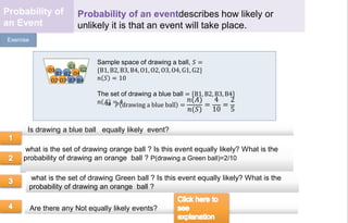 Sample space of drawing a ball, 𝑆 =
{B1, B2, B3, B4, O1, O2, O3, O4, G1, G2}
𝑛 𝑆 = 10
The set of drawing a blue ball = B1, B2, B3, B4
𝑛 𝐴 = 4𝑃 drawing a blue ball =
𝑛(𝐴)
𝑛(𝑆)
=
4
10
=
2
5
⇒
B1 B2
B3 B4
O1
O2 O3
O4
G1
G2
Exercise
what is the set of drawing orange ball ? Is this event equally likely? What is the
probability of drawing an orange ball ? P(drawing a Green ball)=2/10
what is the set of drawing Green ball ? Is this event equally likely? What is the
probability of drawing an orange ball ?
Is drawing a blue ball equally likely event?
Probability of
an Event
Probability of an eventdescribes how likely or
unlikely it is that an event will take place.
Are there any Not equally likely events?
 
