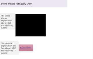 the video
shows
explanation
about Not
equally likely
events
Events that are Not Equally-Likely
Click on the
explanation and
See about NOT
equally likely
events
Explanation
 