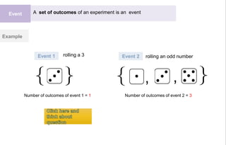 { } { }, ,
Event 1 Event 2
Event
Example
Number of outcomes of event 1 = 1 Number of outcomes of event 2 = 3
rolling an odd numberrolling a 3
A set of outcomes of an experiment is an event
 