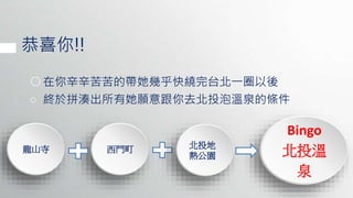 恭喜你!!
○在你辛辛苦苦的帶她幾乎快繞完台北一圈以後
○ 終於拼湊出所有她願意跟你去北投泡溫泉的條件
龍山寺 西門町
Bingo
北投溫
泉
北投地
熱公園
 
