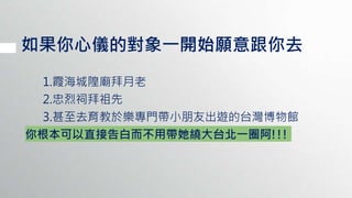 如果你心儀的對象一開始願意跟你去
1.霞海城隍廟拜月老
2.忠烈祠拜祖先
3.甚至去育教於樂專門帶小朋友出遊的台灣博物館
你根本可以直接告白而不用帶她繞大台北一圈阿!!!
 