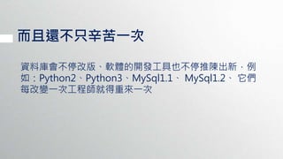 而且還不只辛苦一次
資料庫會不停改版、軟體的開發工具也不停推陳出新，例
如：Python2、Python3、MySql1.1、 MySql1.2、 它們
每改變一次工程師就得重來一次
 