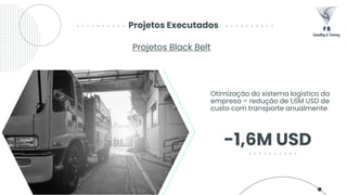 Projetos Executados
Otimização do sistema logístico da
empresa – redução de 1,6M USD de
custo com transporte anualmente
Projetos Black Belt
-1,6M USD
 