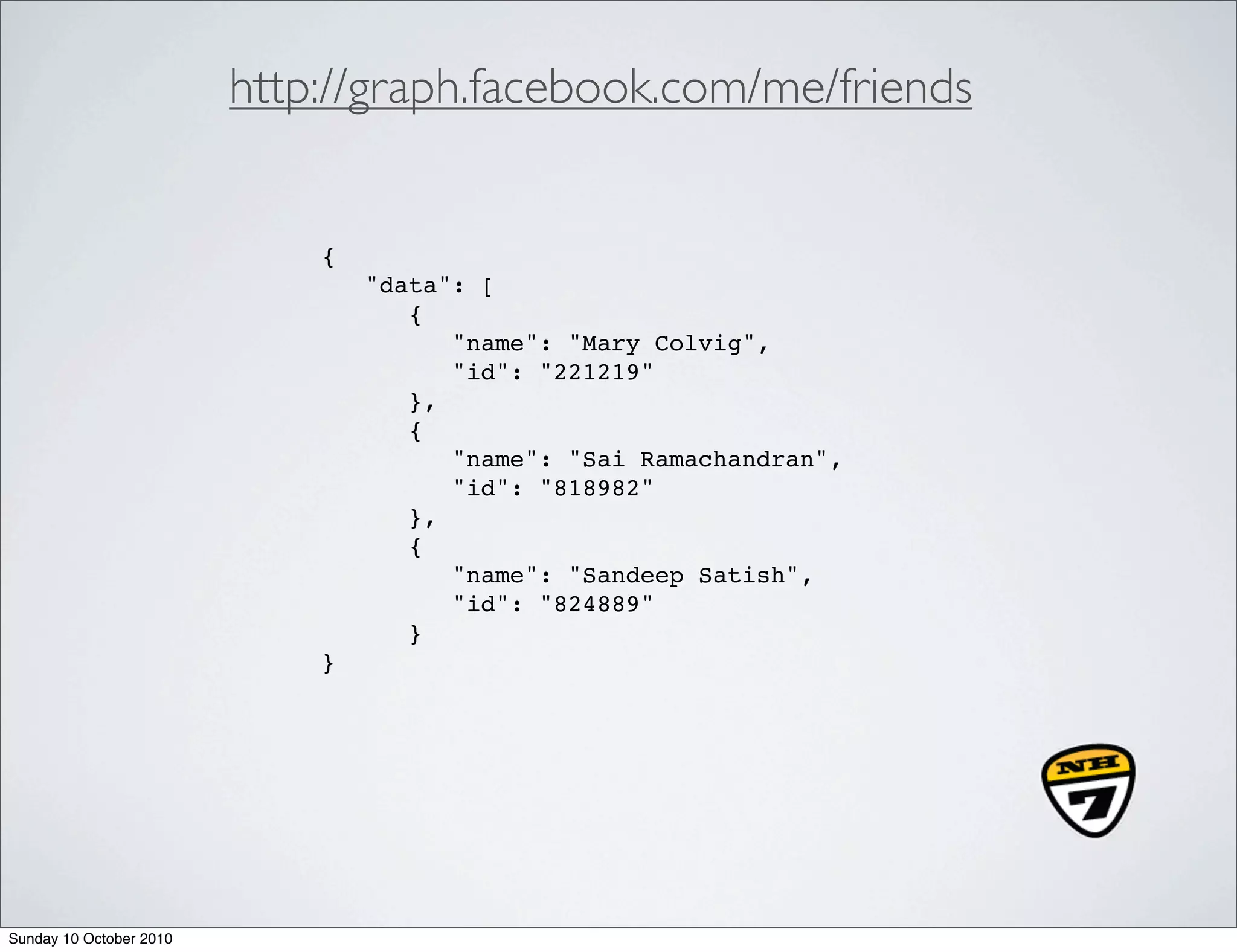 http://graph.facebook.com/me/friends


                             {
                                 "data": [
                                    {
                                       "name": "Mary Colvig",
                                       "id": "221219"
                                    },
                                    {
                                       "name": "Sai Ramachandran",
                                       "id": "818982"
                                    },
                                    {
                                       "name": "Sandeep Satish",
                                       "id": "824889"
                                    }
                             }




Sunday 10 October 2010
 