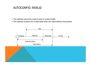 AUTOCONFIG: INVALID 
§ The address cannot be used to send or receive traffic 
§ The address reaches the Invalid state when the Valid Lifetime has expired 
Valid 
Preferred Deprecated 
Tentative Invalid 
Preferred Lifetime 
Valid Lifetime 
 