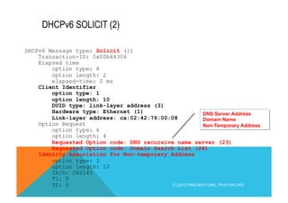 DHCPv6 SOLICIT (2) 
DHCPv6 Message type: Solicit (1) 
Transaction-ID: 0x00b44306 
Elapsed time 
option type: 8 
option length: 2 
elapsed-time: 0 ms 
Client Identifier 
option type: 1 
option length: 10 
DUID type: link-layer address (3) 
Hardware type: Ethernet (1) 
Link-layer address: ca:02:42:76:00:08 
Option Request 
option type: 6 
option length: 4 
Requested Option code: DNS recursive name server (23) 
Requested Option code: Domain Search List (24) 
Identity Association for Non-temporary Address 
option type: 3 
option length: 12 
IAID: 262145 
T1: 0 
T2: 0 
DNS Server Address 
Domain Name 
Non-Temporary Address 
(C) 2012 FRED BOVY EIRL. IPV6 FOR LIFE! 
 