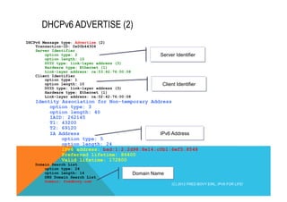 DHCPv6 ADVERTISE (2) 
DHCPv6 Message type: Advertise (2) 
Transaction-ID: 0x00b44306 
Server Identifier 
option type: 2 
option length: 10 
DUID type: link-layer address (3) 
Hardware type: Ethernet (1) 
Link-layer address: ca:03:42:76:00:08 
Client Identifier 
option type: 1 
option length: 10 
DUID type: link-layer address (3) 
Hardware type: Ethernet (1) 
Link-layer address: ca:02:42:76:00:08 
Server Identifier 
Client Identifier 
Identity Association for Non-temporary Address 
option type: 3 
option length: 40 
IAID: 262145 
T1: 43200 
T2: 69120 
IA Address 
option type: 5 
option length: 24 
IPv6 address: bad:1:2:2d98:8e14:c0b1:6ef5:8548 
Preferred lifetime: 86400 
Valid lifetime: 172800 
Domain Search List 
option type: 24 
option length: 14 
DNS Domain Search List 
Domain: fredbovy.com 
IPv6 Address 
Domain Name 
(C) 2012 FRED BOVY EIRL. IPV6 FOR LIFE! 
 