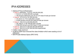 IPV4 ADDRESSES 
§ Address IP Source/Destination 
§ Class A. Addresses 1.0.0.0 to 126.255.255.255. 
§ 10.0.0.0. to 10.255.255.255 is private 
§ 128 domains (Networks) and 16.777.214 class A hosts per domain 
§ Class B. 127.0.0.0 to 191.255.255.255. 
§ 172.16.0.0. to 172.31.255.255 is private 
§ 16.000 domains and 65.534 Class B hosts per domain 
§ Class C. 192.0.0.0 to 223.255.255.255. 
§ 192.168.0.0. à 192.168.255.255 is private 
§ 2.000.000 domains and 254 Class C Hosts per domain 
§ Class D. 224.0.0.0 to 239.255.255.255 Multicast 
§ Class E. 240.0.0.0 to 247.255.255.255 Experimental 
§ 4 billion node maximum 
§ VLSM et CIDR have removed the class limitation which were wasting a lot of 
addresses 
§ NAT/Private Address Space (RFC1918) 
 