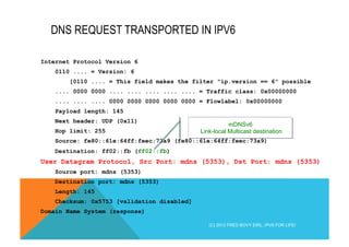 DNS REQUEST TRANSPORTED IN IPV6 
Internet Protocol Version 6 
0110 .... = Version: 6 
[0110 .... = This field makes the filter "ip.version == 6" possible 
.... 0000 0000 .... .... .... .... .... = Traffic class: 0x00000000 
.... .... .... 0000 0000 0000 0000 0000 = Flowlabel: 0x00000000 
Payload length: 145 
Next header: UDP (0x11) 
Hop limit: 255 
Source: fe80::61e:64ff:feec:73a9 (fe80::61e:64ff:feec:73a9) 
Destination: ff02::fb (ff02::fb) 
User Datagram Protocol, Src Port: mdns (5353), Dst Port: mdns (5353) 
Source port: mdns (5353) 
Destination port: mdns (5353) 
Length: 145 
Checksum: 0x5753 [validation disabled] 
Domain Name System (response) 
mDNSv6 
Link-local Multicast destination 
(C) 2012 FRED BOVY EIRL. IPV6 FOR LIFE! 
 