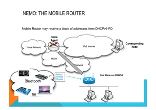 NEMO: THE MOBILE ROUTER 
Mobile Router may receive a block of addresses from DHCPv6-PD 
Dual Stack avec DSMIPv6 
Bluetooth 
Nemo 
Mobile 
Router 
 