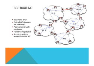 BGP ROUTING 
§ eBGP and iBGP 
§ Only eBGP changes 
the Next Hop 
§ Peers are manually 
configured 
§ Hold time negotiated 
§ A routing protocol 
must run in each AS 
 