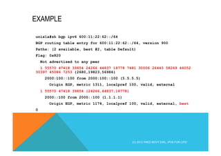 EXAMPLE 
unix1a#sh bgp ipv6 600:11:22:62::/64 
BGP routing table entry for 600:11:22:62::/64, version 900 
Paths: (2 available, best #2, table Default) 
Flag: 0x820 
Not advertised to any peer 
1 55570 47418 39654 24266 44837 18778 7481 30006 26443 58269 46052 
30397 45086 7253 {2680,19823,56986} 
2000:100::100 from 2000:100::100 (5.5.5.5) 
Origin EGP, metric 1311, localpref 100, valid, external 
1 55570 47418 39654 {24266,44837,18778} 
2000::100 from 2000::100 (1.1.1.1) 
Origin EGP, metric 1174, localpref 100, valid, external, best 
0 
(C) 2012 FRED BOVY EIRL. IPV6 FOR LIFE! 
 