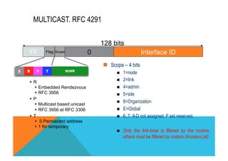 MULTICAST. RFC 4291 
FF Flag Scope 0 Interface ID 
§ R 
§ Embedded Rendezvous 
§ RFC 3956 
§ P 
§ Multicast based unicast 
§ RFC 3956 et RFC 3306 
§ T 
§ 0 Permanent address 
§ 1 for temporary 
128 bits 
n Scope – 4 bits 
n 1=node 
n 2=link 
n 4=admin 
n 5=site 
n 8=Organization 
n E=Global 
n 6, 7, 9-D not assigned. F est reserved. 
n Only the link-local is filtered by the routers, 
others must be filtered by routers (Access-List) 
 