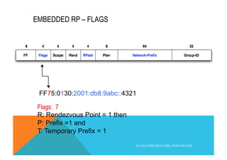 EMBEDDED RP – FLAGS 
FF75:0130:2001:db8:9abc::4321 
Flags: 7 
R: Rendezvous Point = 1 then 
P: Prefix =1 and 
T: Temporary Prefix = 1 
(C) 2012 FRED BOVY EIRL. IPV6 FOR LIFE! 
 