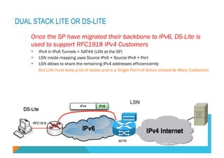 DUAL STACK LITE OR DS-LITE 
Once the SP have migrated their backbone to IPv6, DS-Lite is 
used to support RFC1918 IPv4 Customers 
§ IPv4 in IPv6 Tunnels + NAT44 (LSN at the SP) 
§ LSN inside mapping uses Source IPv6 + Source IPv4 + Port 
§ LSN allows to share the remaining IPv4 addresses efficienciently 
But LSN must keep a lot of states and is a Single Point of failure shared by Many Customers 
LSN 
(C) 2012 FRED BOVY EIRL. IPV6 FOR LIFE! 
 