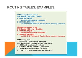 ROUTING TABLES: EXAMPLES 
PE1#show ipv6 route vrf blue 
IPv6 Routing Table -blue -7 entries 
C 2001:100::/64 [0/0] 
via Ethernet4/0, directly connected 
B 2001:300::/64 [200/0] 
via 200.10.10.1%Default-IP-Routing-Table, indirectly connected 
PE1#show ipv6 route vrf red 
IPv6 Routing Table - red - 10 entries 
C 2001:200::/64 [0/0] 
via Ethernet0/0, directly connected 
B 2001:400::/64 [200/0] 
via 200.10.10.1%Default-IP-Routing-Table, indirectly connected 
PE1#show ip route 
200.10.10.0/32 is subnetted, 1 subnets 
i L1 200.10.10.1 [115/30] via 40.1.1.3, Ethernet1/0 
31.0.0.0/24 is subnetted, 1 subnets 
i L1 31.1.1.0 [115/30] via 40.1.1.3, Ethernet1/0 
200.11.11.0/32 is subnetted, 1 subnets 
C 200.11.11.1 is directly connected, Loopback0 
 