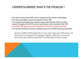 CARRIER’SCARRIER: WHAT’S THE PROBLEM ? 
§ We need to interconnect ISPs, which manage the full Internet routing tables. 
§ The full routing tables cannot be imported in each VRF. 
§ The customer advertises their Internet routing table between POPs via iBGP 
session throughout the 6VPE service, but they are never imported in the VRF. 
§ The 6VPE VRF only has routes and labels for the Internet routes Next Hop. 
§ The Carriers backbone receives a labeled packet for the BGP Next Hop destination 
Similar to MPLS-VPN where the P router don’t know the VPN routes. All 
they know it the Egress PE loopback address. With CsC, the Carrier 
don’t know the Internet routes BUT the Next-Hop of these routes! 
 