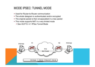 MODE IPSEC: TUNNEL MODE 
§ Used for Router-to-Router communication 
§ The whole datagram is authenticated and/or encrypted 
§ The original packet is then encapsulated in a new packet 
§ This mode supports NAT in a very limited mode 
§ See rfc3715: 4.1 IPSec Tunnel Mode 
 
