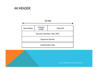 AH HEADER 
32 bits 
Next Header Payload Reserved 
Length 
Security Parameter Index (SPI) 
Sequence Number 
Authentication data 
(C) 2012 FRED BOVY EIRL. IPV6 FOR LIFE! 
 