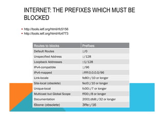 INTERNET: THE PREFIXES WHICH MUST BE 
BLOCKED 
§ http://tools.ietf.org/html/rfc5156 
§ http://tools.ietf.org/html/rfc4773 
Routes to blocks Prefixes 
Default Routes ::/0 
Unspecified Address ::/128 
Loopback Addresses ::1/128 
IPv4-compatible ::/96 
IPv4-mapped ::ffff:0.0.0.0/96 
Link-locale fe80::/10 or longer 
Site-local (obsolete) fec0::/10 or longer 
Unique-local fc00::/7 or longer 
Multicast but Global Scope ff00::/8 or longer 
Documentation 2001:db8::/32 or longer 
6bone (obsolete) 3ffe::/16 
 