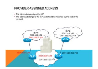 PROVIDER-ASSIGNED ADDRESS 
§ The /48 prefix is assigned by ISP 
§ The address belongs to the ISP and should be returned by the end of the 
contract. 
ISP1 
2001::db8::/32 
2001:db8:1::/48 
ISP2 
2001:db9::/32 
2001:db9:100::/48 
2001:db8:1::/48 2001:db9:100::/48 
2001:db8:1::/48 
2001:db9:100::/48 
 
