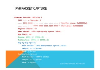 IPV6 PACKET CAPTURE 
Internet Protocol Version 6 
0110 .... = Version: 6 
.... 1010 0000 .... .... .... .... .... = Traffic class: 0x000000a0 
.... .... .... 0000 0000 0000 0000 0000 = Flowlabel: 0x00000000 
Payload length: 60 
Next header: IPv6 hop-by-hop option (0x00) 
Hop limit: 64 
Source: 2005::2 (2005::2) 
Destination: 2005::1 (2005::1) 
Hop-by-Hop Option 
Next header: IPv6 destination option (0x3c) 
Length: 0 (8 bytes) 
PadN: 6 bytes 
Destination Option 
Next header: ICMPv6 (0x3a) 
Length: 0 (8 bytes) 
PadN: 6 bytes 
(C) 2012 FRED BOVY EIRL. IPV6 FOR LIFE! 
 