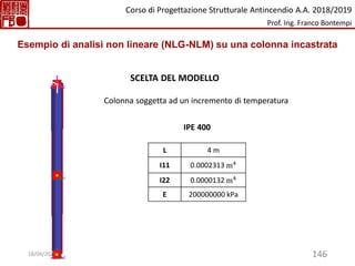 146
Colonna soggetta ad un incremento di temperatura
SCELTA DEL MODELLO
IPE 400
L 4 m
I11 0.0002313 m4
I22 0.0000132 m4
E 200000000 kPa
Esempio di analisi non lineare (NLG-NLM) su una colonna incastrata
Corso di Progettazione Strutturale Antincendio A.A. 2018/2019
Prof. Ing. Franco Bontempi
18/04/2023
 